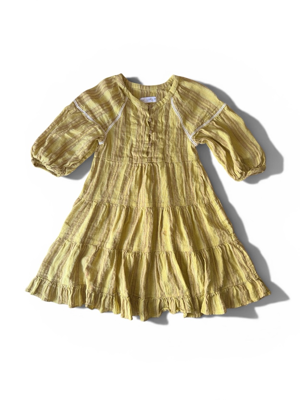 Zara kids Linen Blend Long Sleeve mustard yellow / beige dress 9/10 - Picture 1 of 6